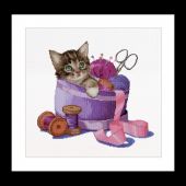 Котенок в корзине для шитья
