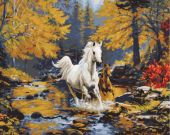 Лошадь и жеребенок скачут по ручью